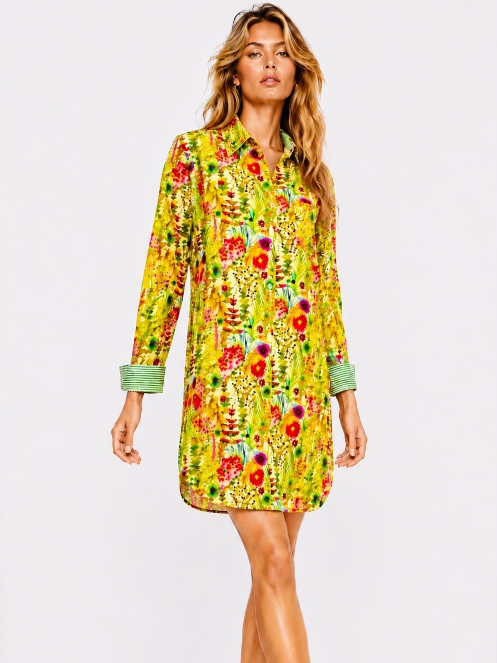 LABORATORIO CAPRI Yellow Floral Long-Sleeve Shirt Mini Dress